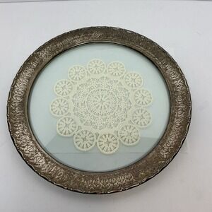 Vintage Round Vanity Tray Ornate Repousse Silverplate Frame Glass Insert Wall De